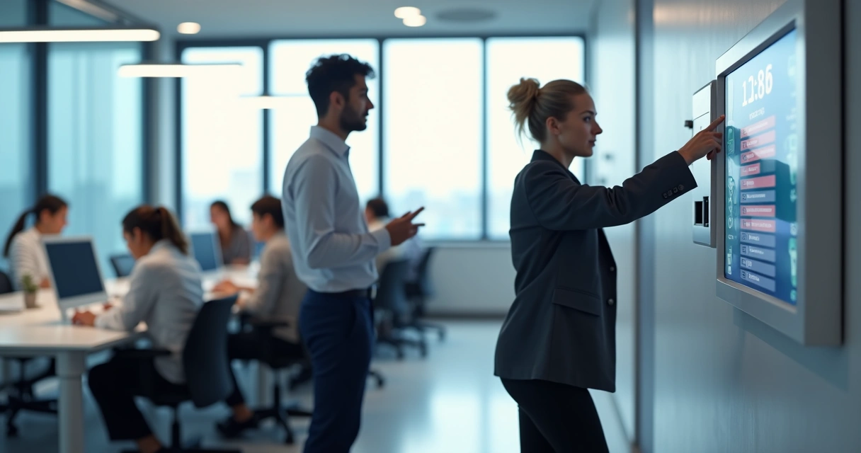 Colaborador utilizando leitor de ponto digital em ambiente corporativo 