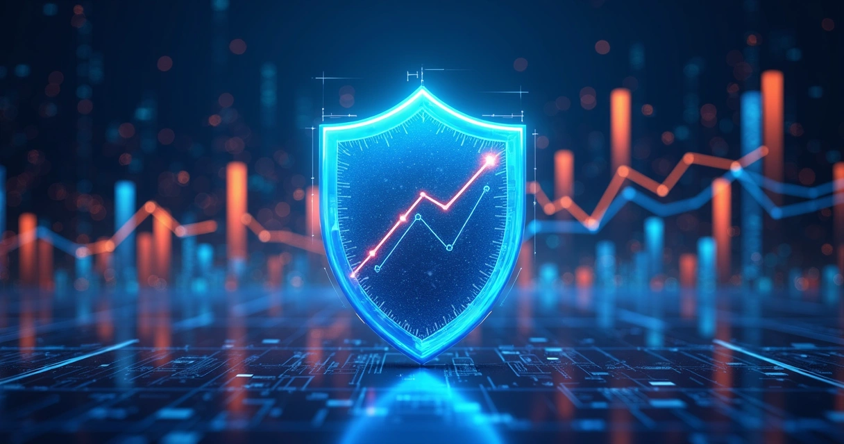 Representação de segurança de dados com escudo em frente a gráficos amplos 