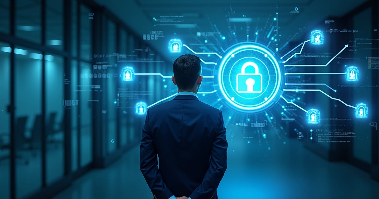 Empresário protegendo dados digitais com escudo 