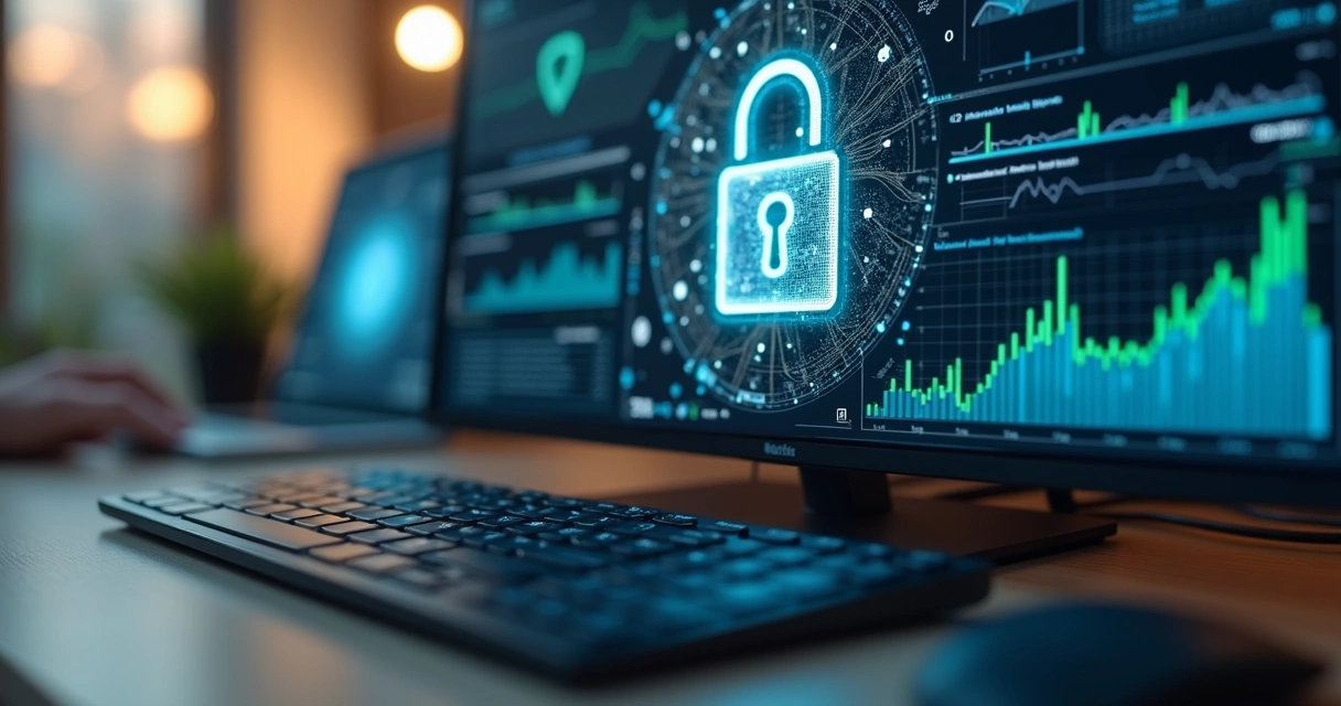 Computador moderno exibindo tela de prontuário digital protegido com cadeado digital 