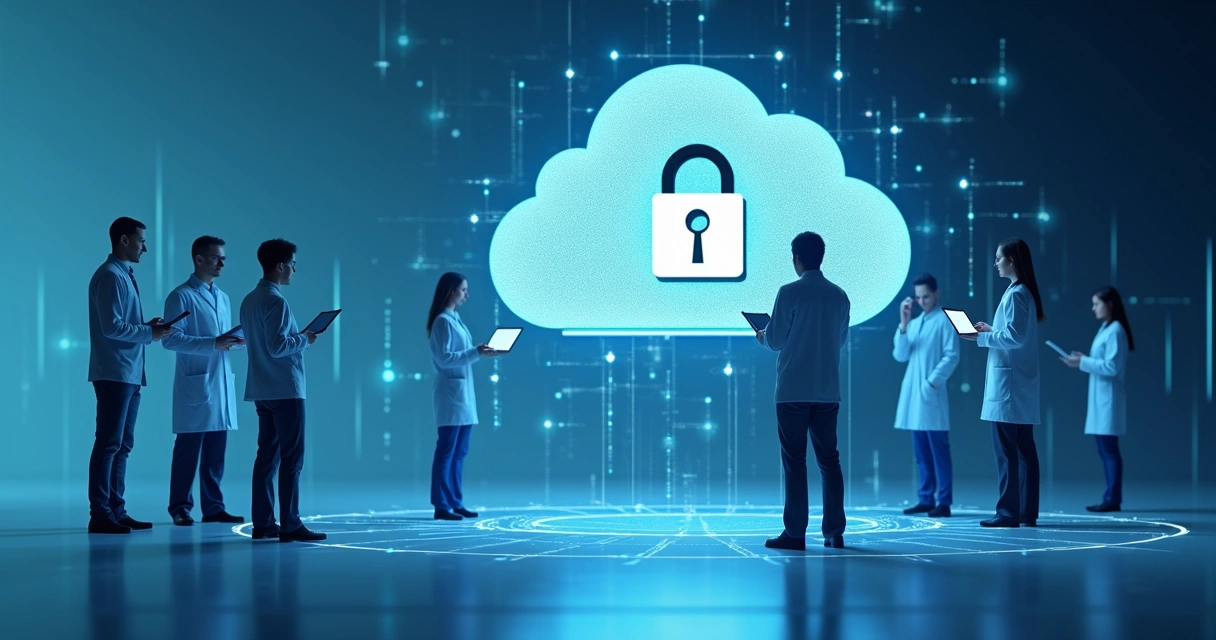 Ilustração de prontuário digital protegido na nuvem com simbolo de cadeado, profissionais ao redor 