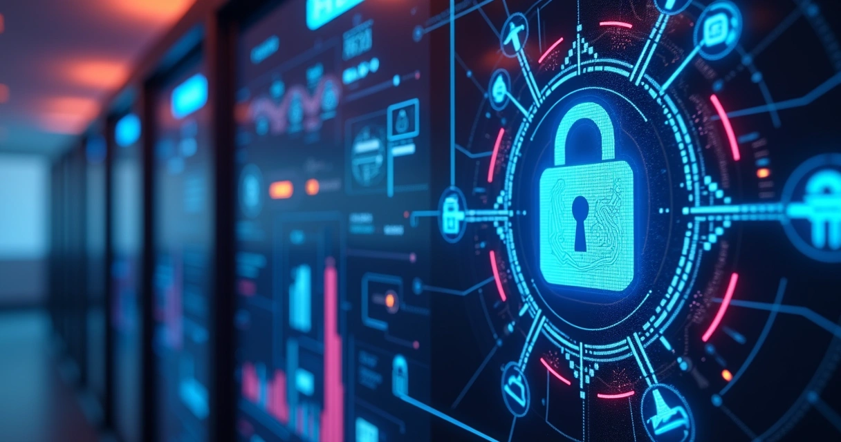 Painel digital exibindo gráficos de segurança de dados e conexões de rede com ícones de inteligência artificial e cadeados virtuais 