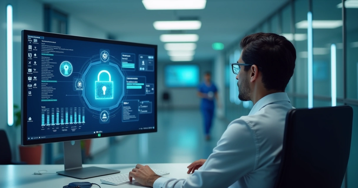 Profissional revisando segurança de dados médicos em tela 