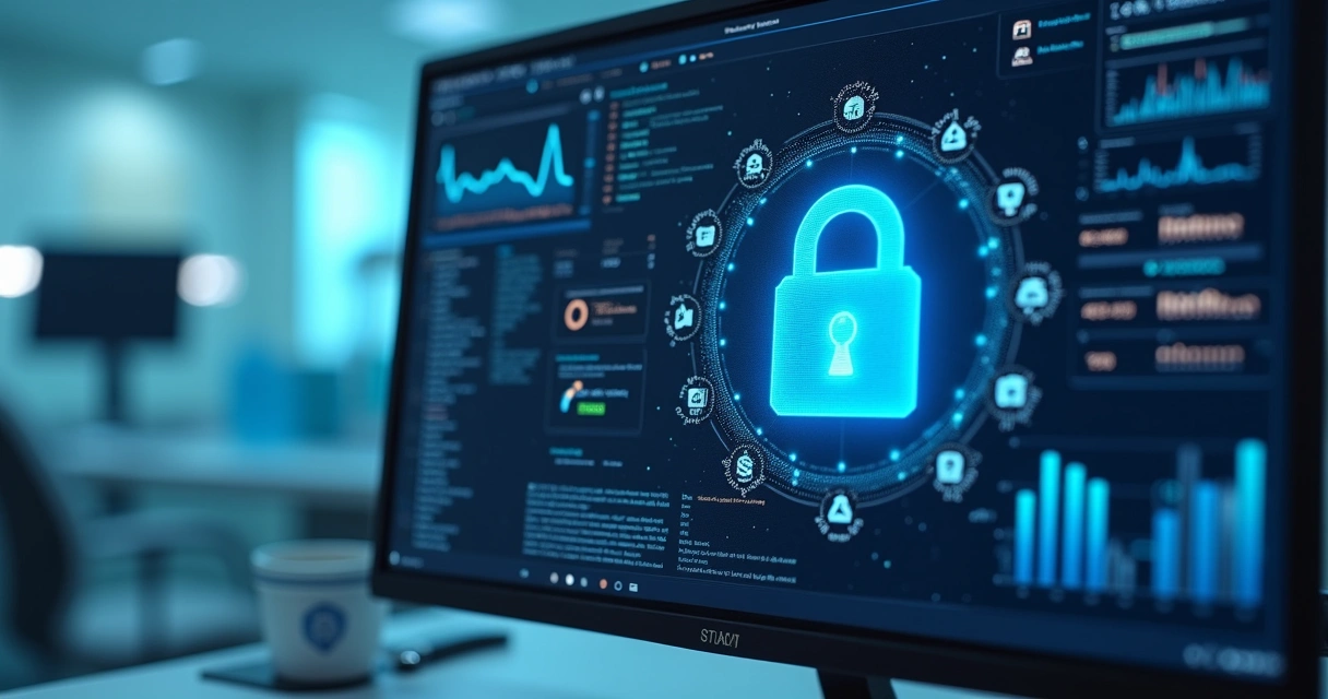 Tela de computador exibindo gráficos de auditoria e cadeado digital 