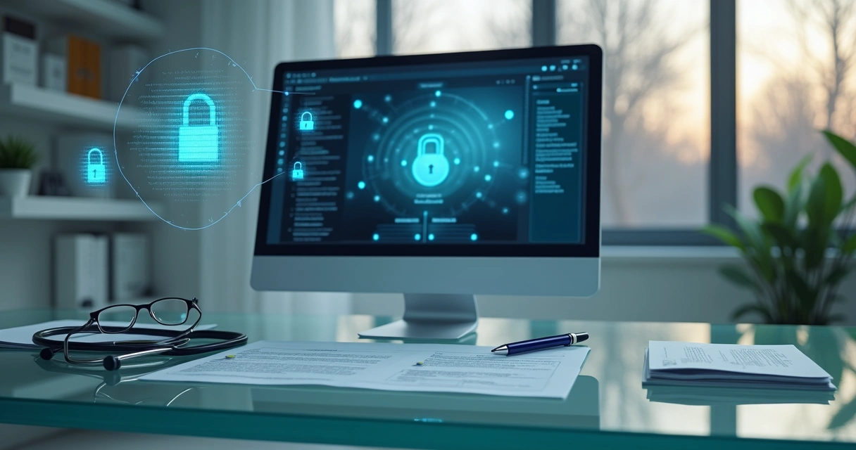 Mesa de consultório com prontuário digital protegido por ícones de segurança 