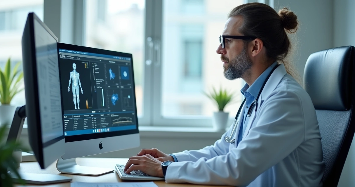 Profissional de saúde revisando registro digital em computador