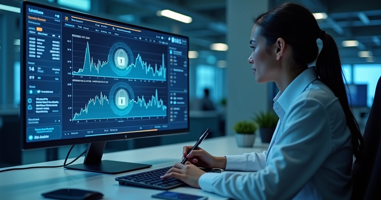 Nutricionista revisando dados sensíveis de atletas em tela de computador com gráficos e cadeado digital