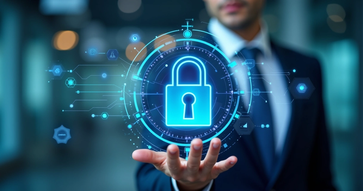 Tela digital exibindo cadeado de segurança com atendente ao fundo 