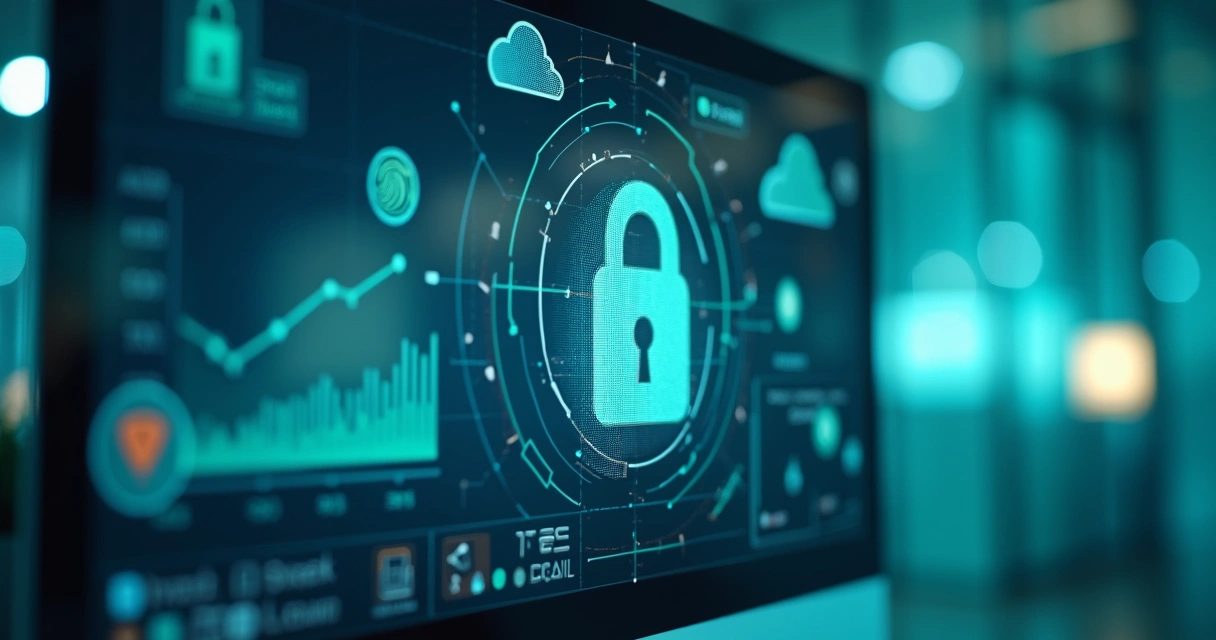 Tela de computador mostrando gráficos de segurança digital, cadeado, e ícones de nuvem 