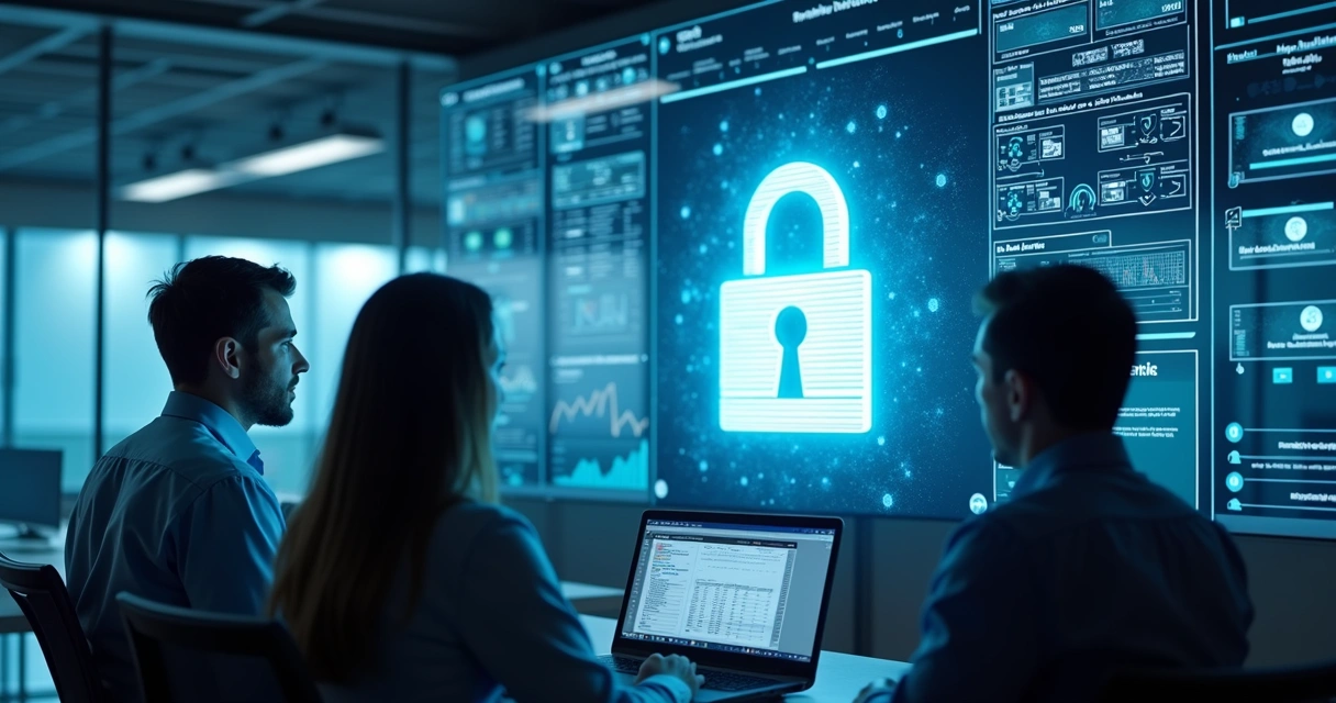 Equipe de TI protegendo dados sensíveis em escritório 