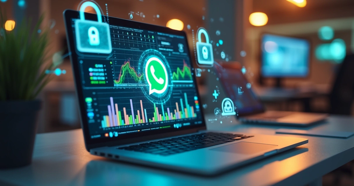 Notebook aberto mostrando gráficos de segurança digital com ícones de cadeado e comunicação via WhatsApp ao fundo 