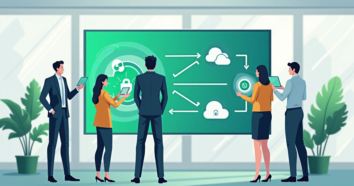 Equipe de tecnologia discutindo proteção de dados em frente a painéis digitais 