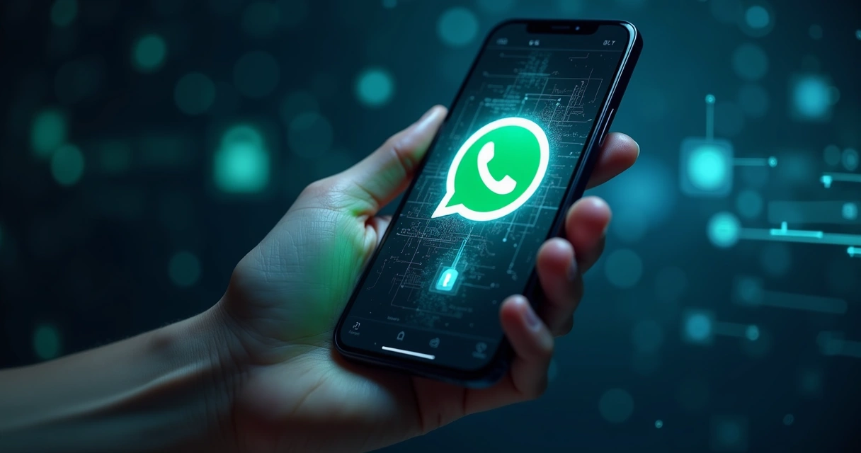 Smartphone com ícone de cadeado sobre a tela do WhatsApp, luz azul em fundo escuro com elementos digitais de segurança e rede de dados 