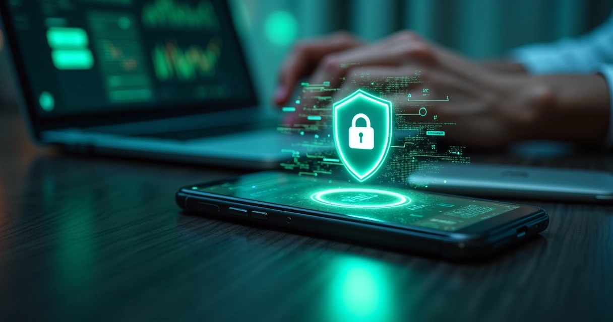 Tela de WhatsApp em smartphone com ícones de IA e cadeado de segurança 