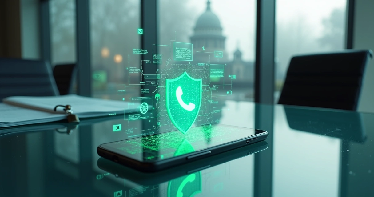 Celular com WhatsApp protegido por escudo digital em ambiente de governo moderno 