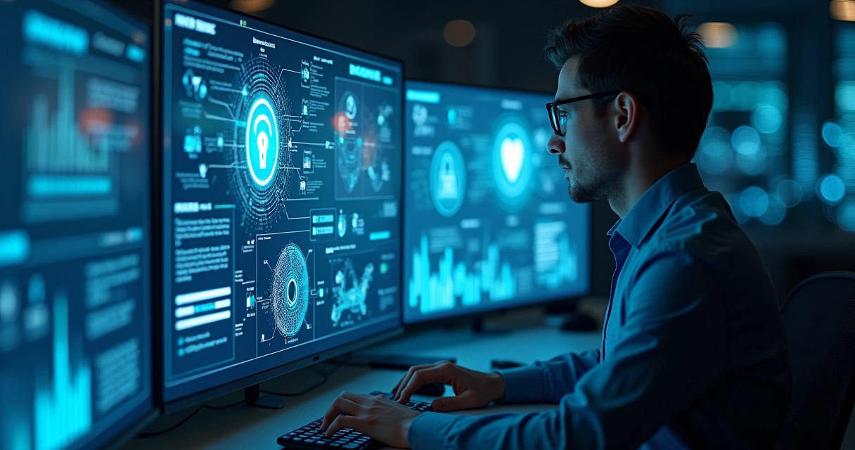 Profissional de TI monitora proteção de dados em painel digital