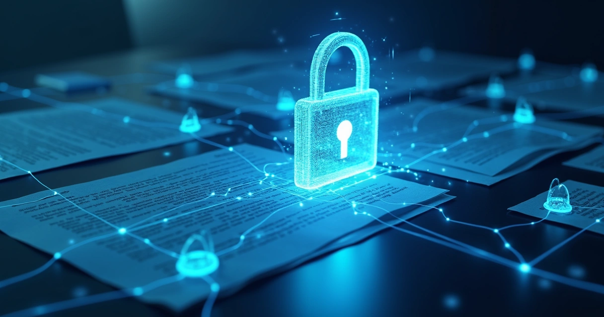 Ícones de cadeado e documentos digitais representando proteção de dados jurídicos 