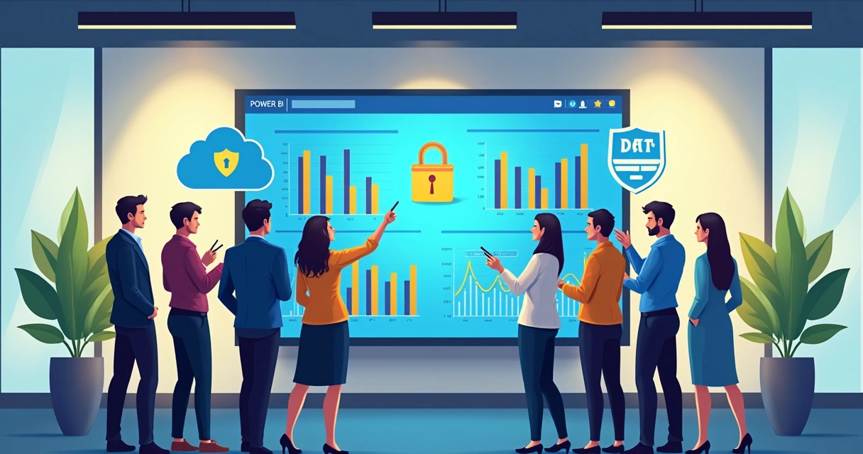 Profissionais discutindo sobre segurança de dados no Power BI em um ambiente de escritório moderno.