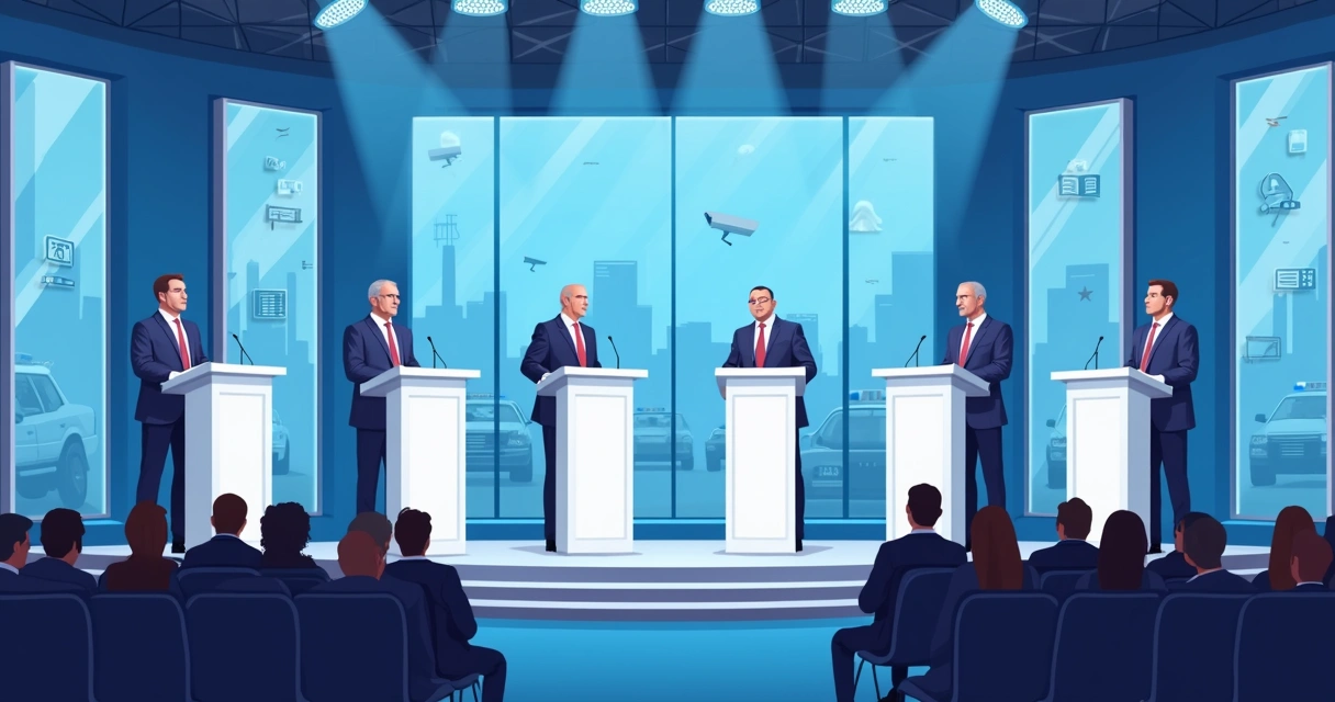 Equipe de segurança monitorando debate eleitoral em auditório 