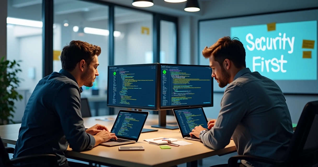 Equipe de tecnologia de startup trabalhando com notebooks em ambiente moderno e seguro 
