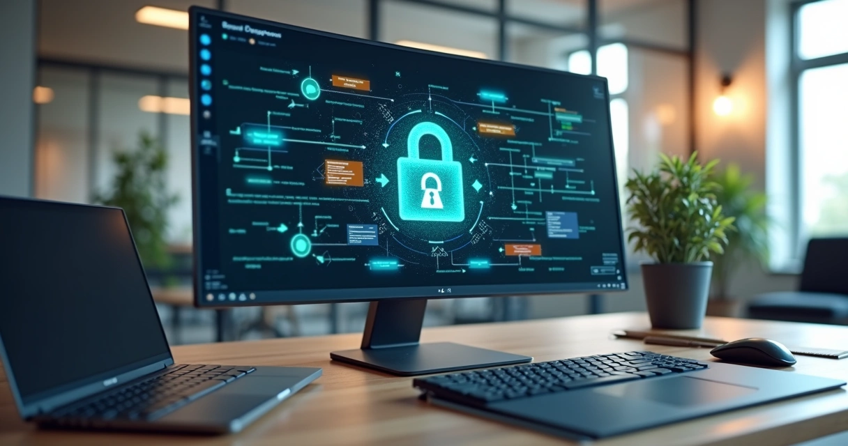 Diagrama colaborativo em tela de computador com cadeado digital sobreposto representando proteção de dados 