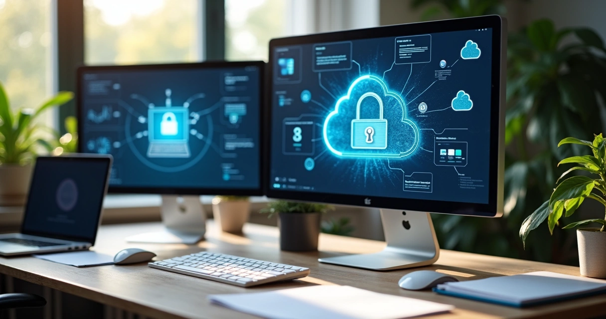 Tela de computador com certificado digital e firewall ativos, representando proteção aos dados contábeis 