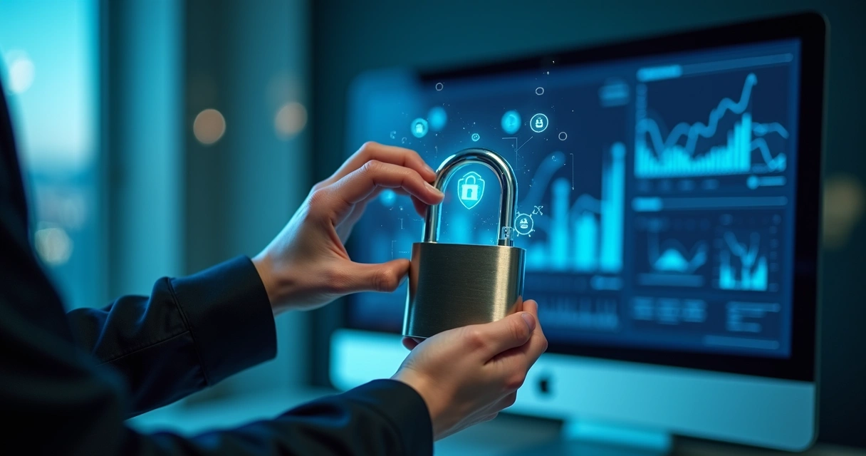 Pessoa segurando um cadeado diante de tela com ícones digitais 
