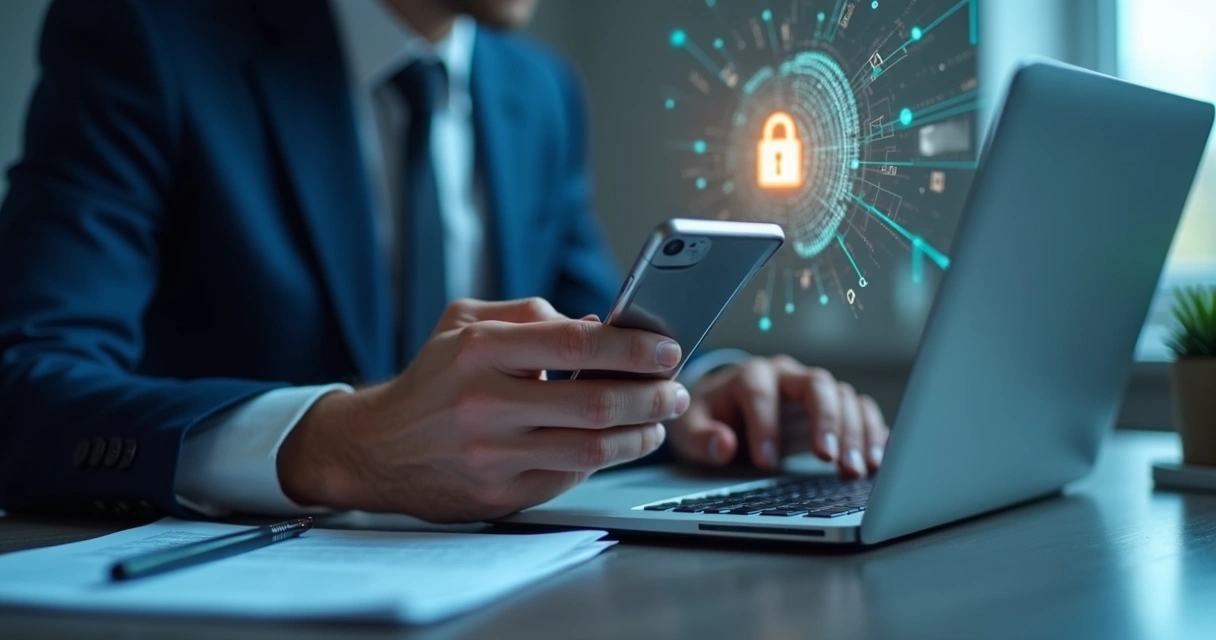 Advogado usando smartphone e computadores com ícones de cadeado 