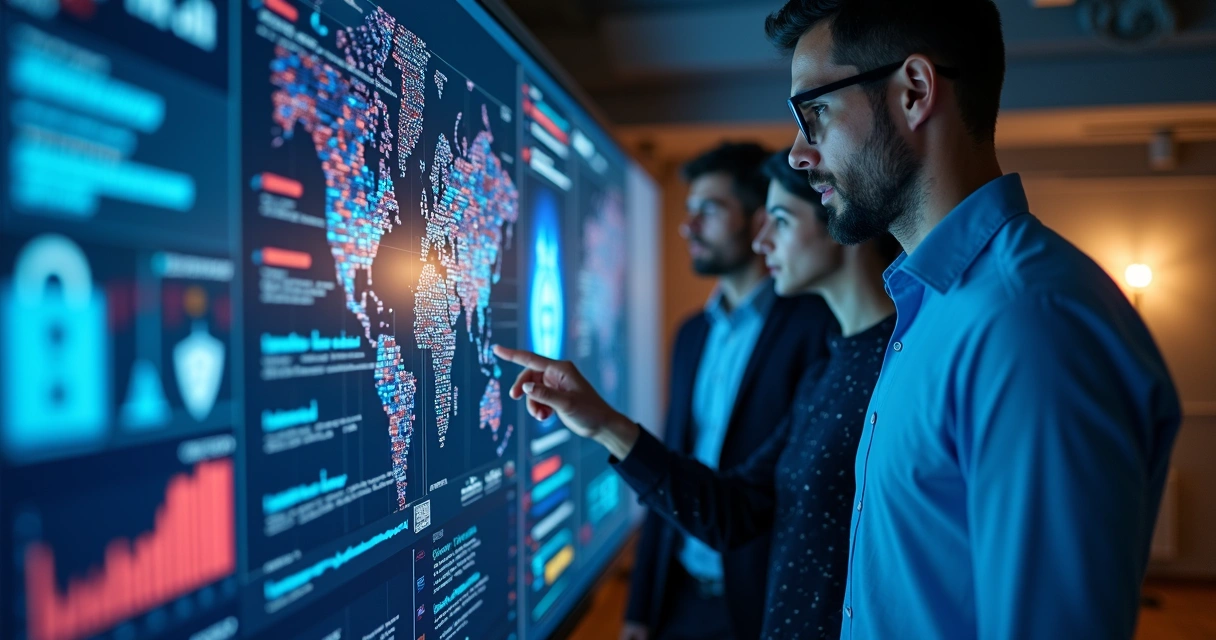 Equipe de TI analisando painel com gráficos de cibersegurança e firewall em escritório moderno 