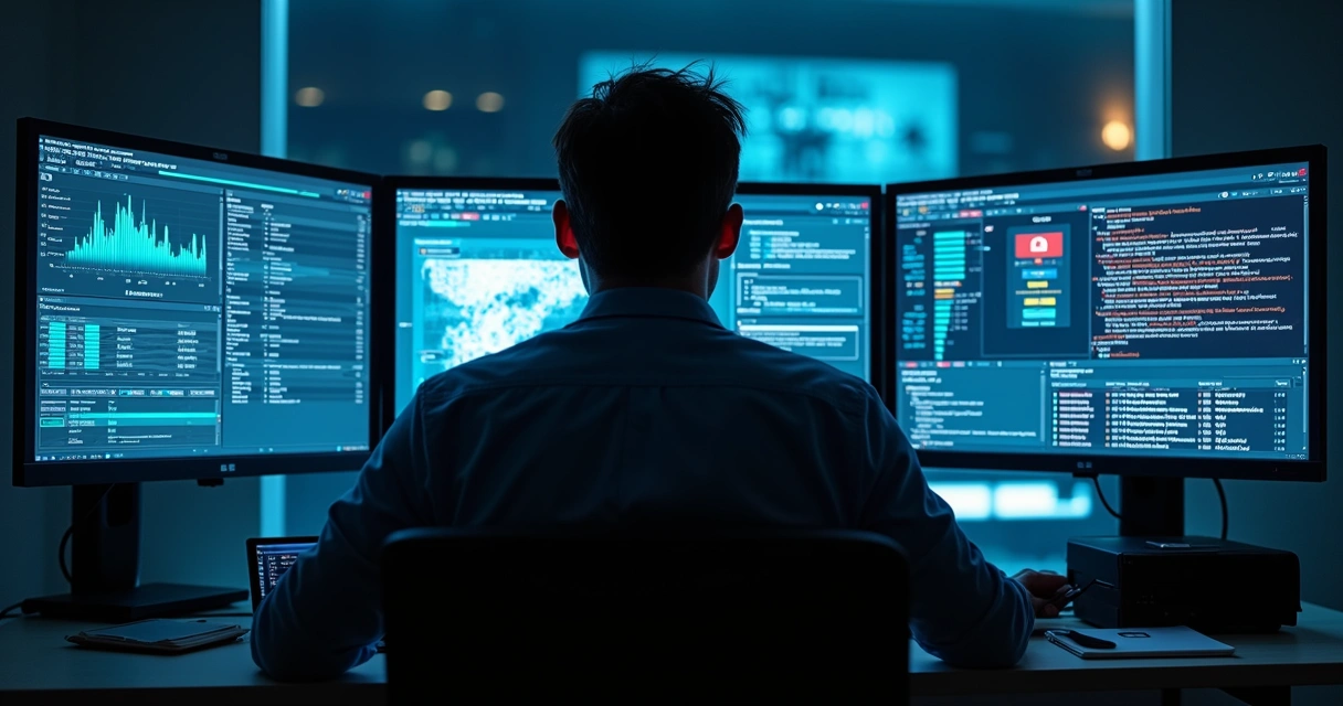 Profissional de TI analisando múltiplos monitores com gráficos e alertas de riscos digitais 