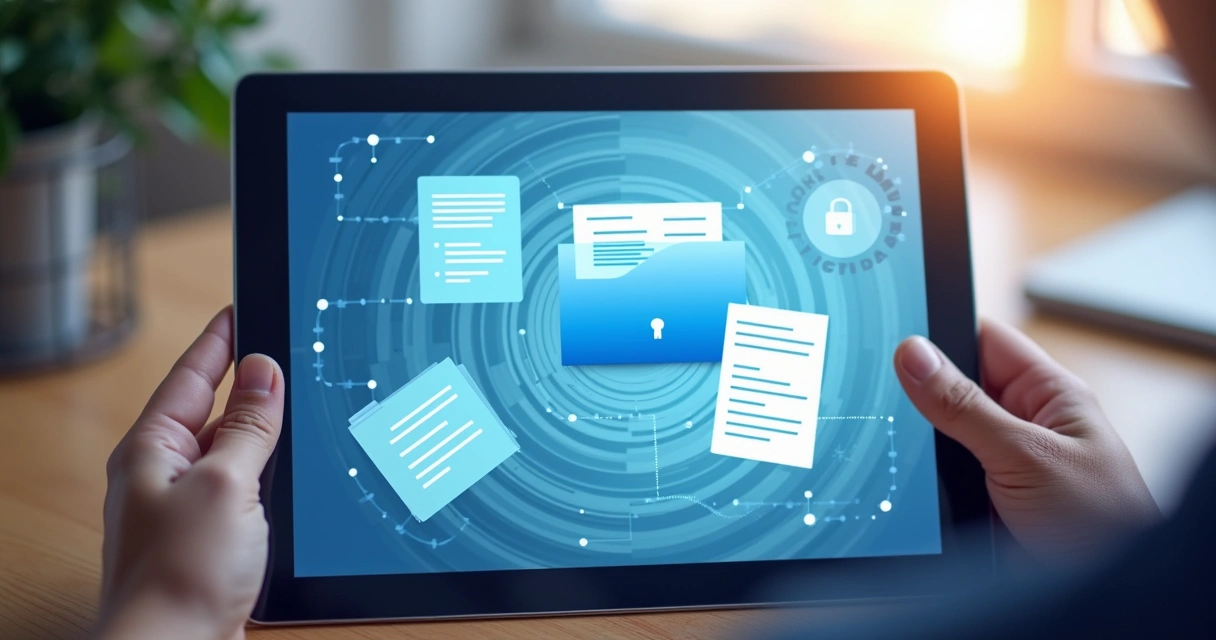 Tablet mostrando documentos digitais protegidos por cadeado 