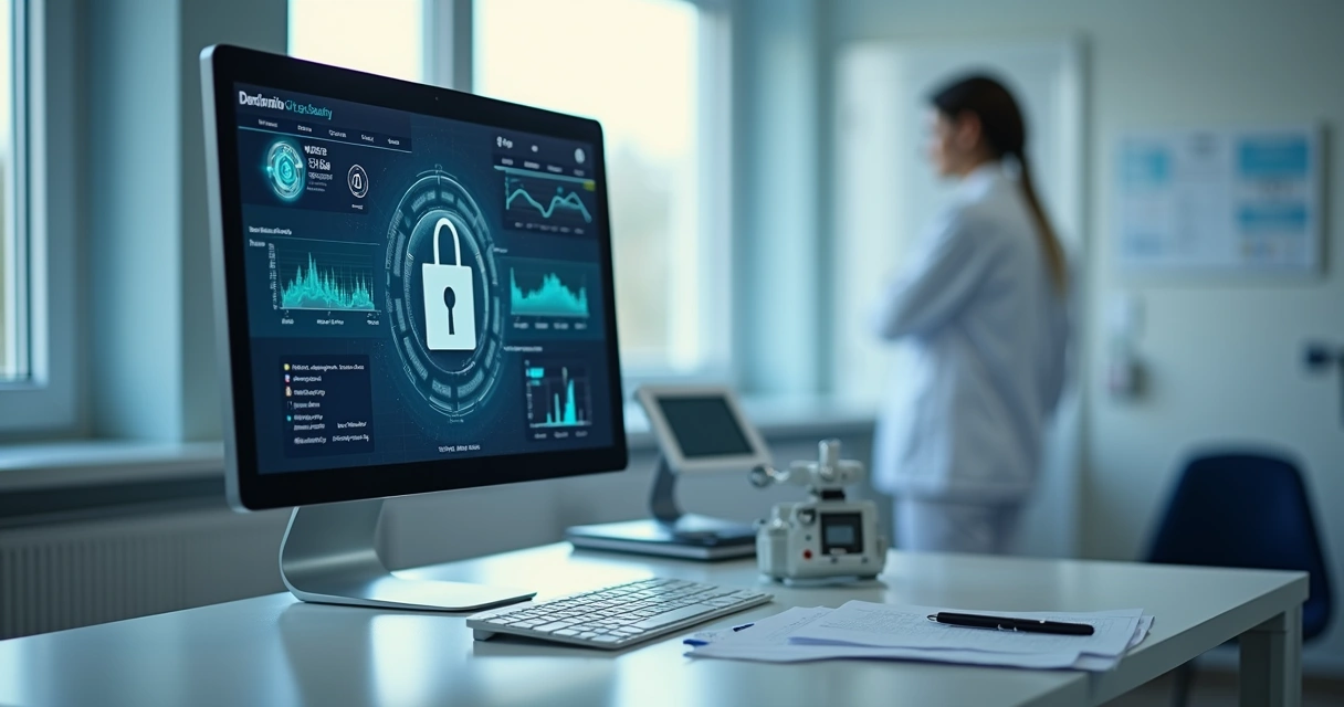 Tela de computador mostrando gráficos de segurança ao lado de equipamentos médicos digitais 