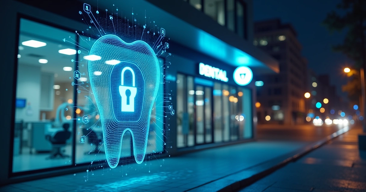 Clinica odontologica cercada por escudo digital e cadeado cibernetico 