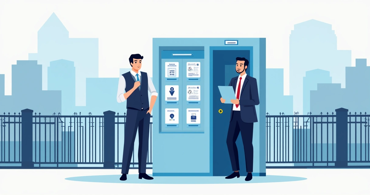 Síndico e porteiro observam painel digital de segurança em condomínio 