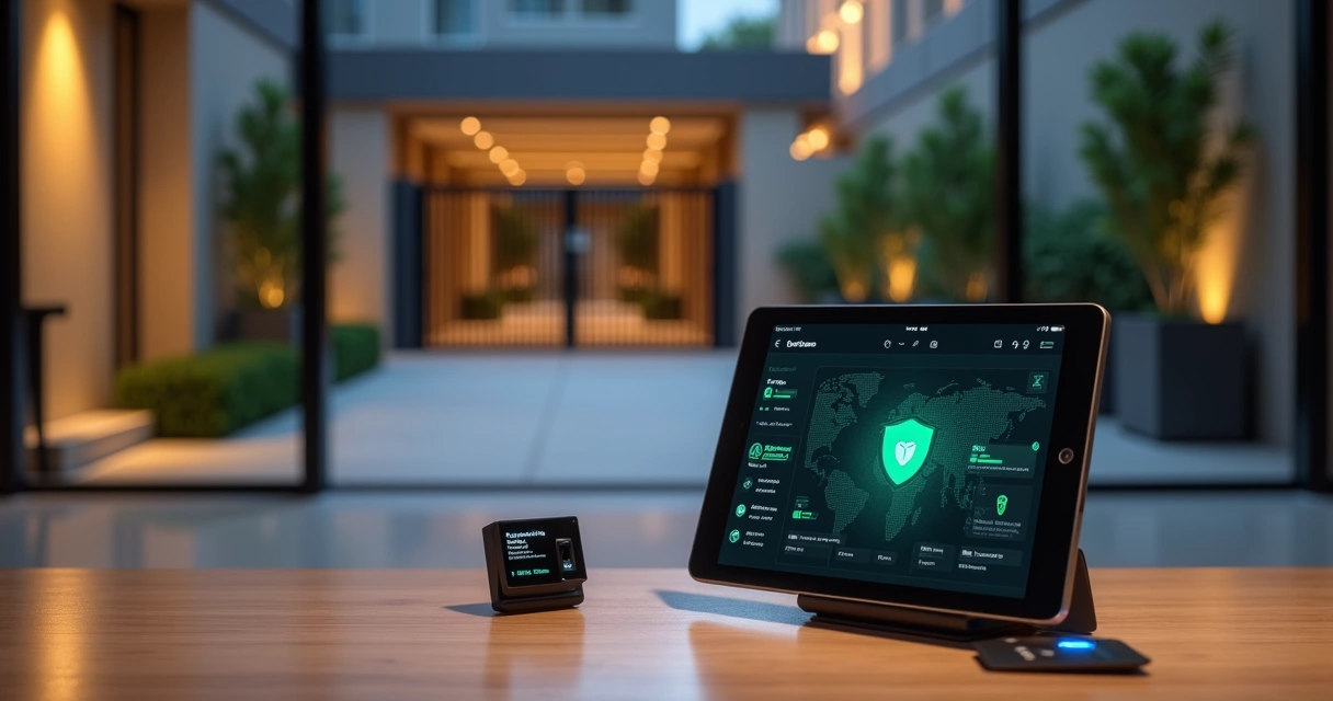 Central de segurança digital mostra controle do portão do condomínio em tablet 