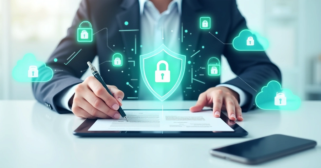 Pessoa assinando contrato digital com ícones de cadeado ao redor 