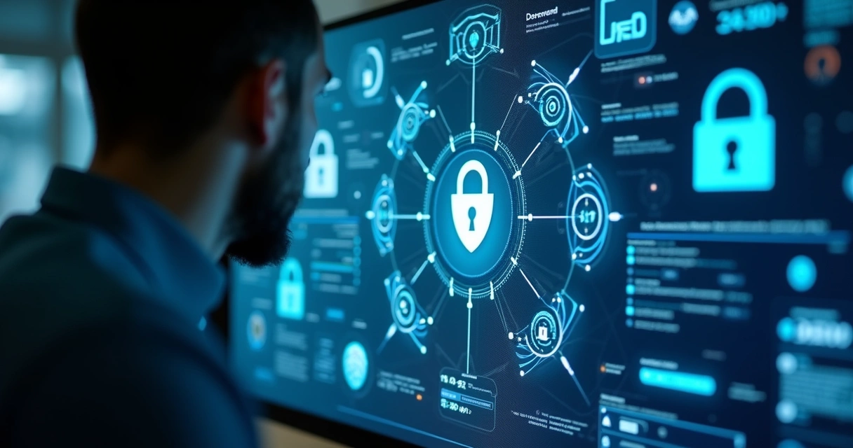 Profissional analisando proteções digitais em uma tela de ERP 