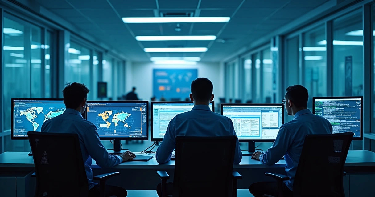 Equipe de TI monitorando segurança digital em hospital moderno 