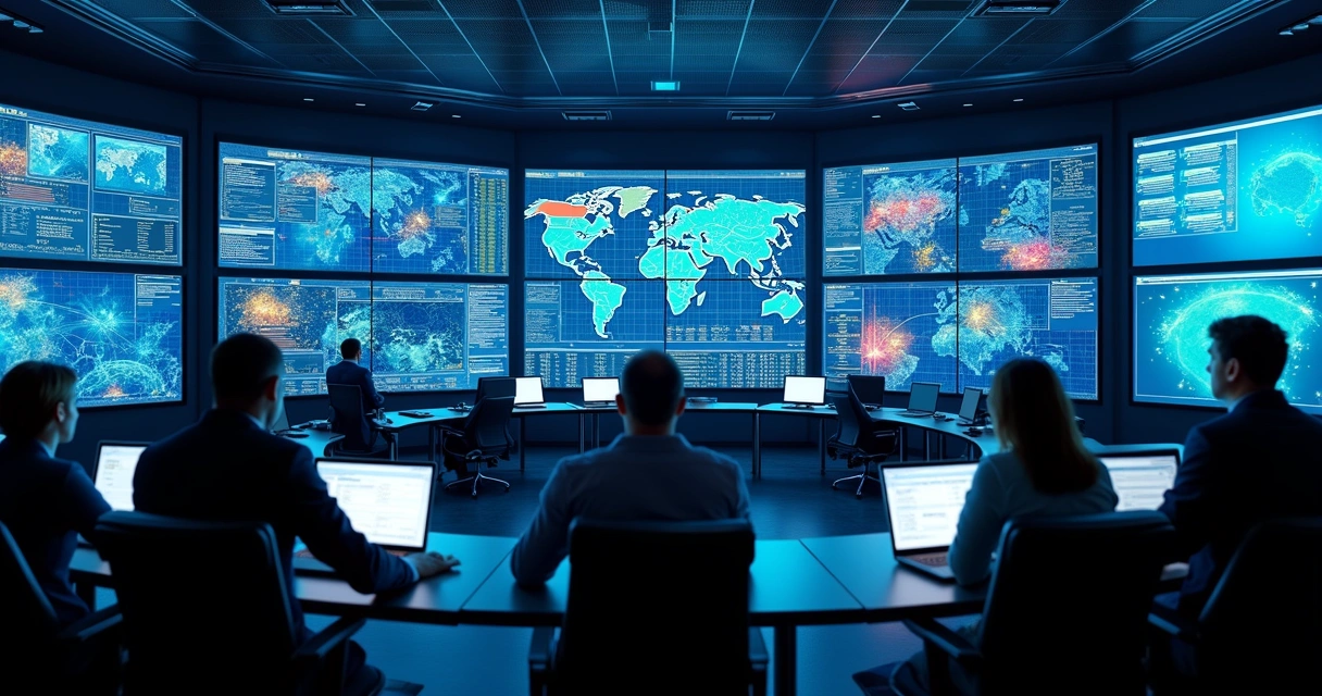 Central de monitoramento digital com gráficos de ameaças em telas grandes 