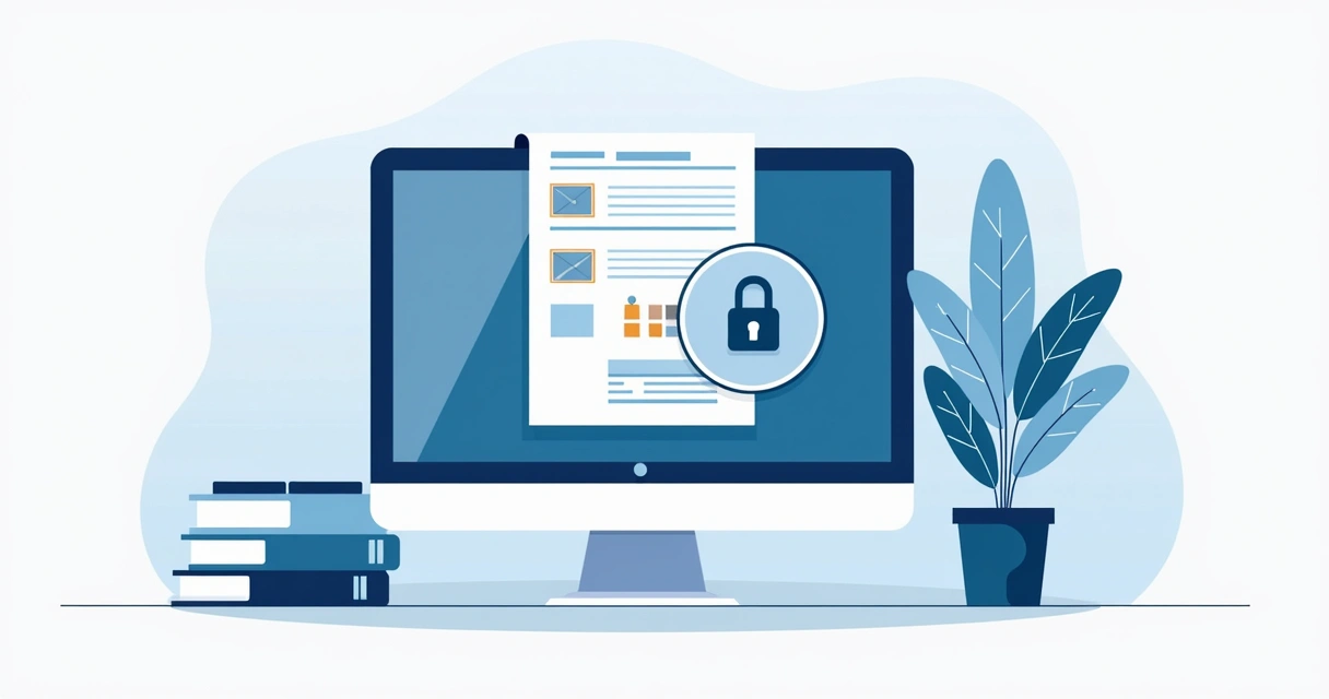 Tela de computador exibe documento digital com cadeado simbolizando segurança