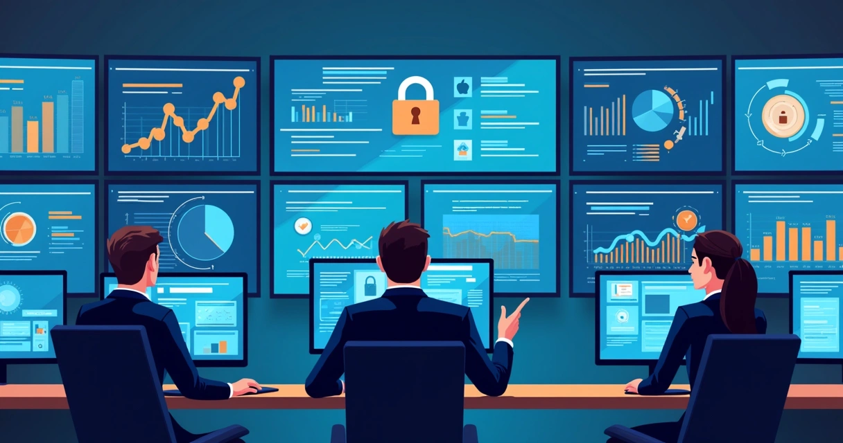 Equipe de tecnologia observando painéis de segurança de dados em computadores em sala de monitoramento 