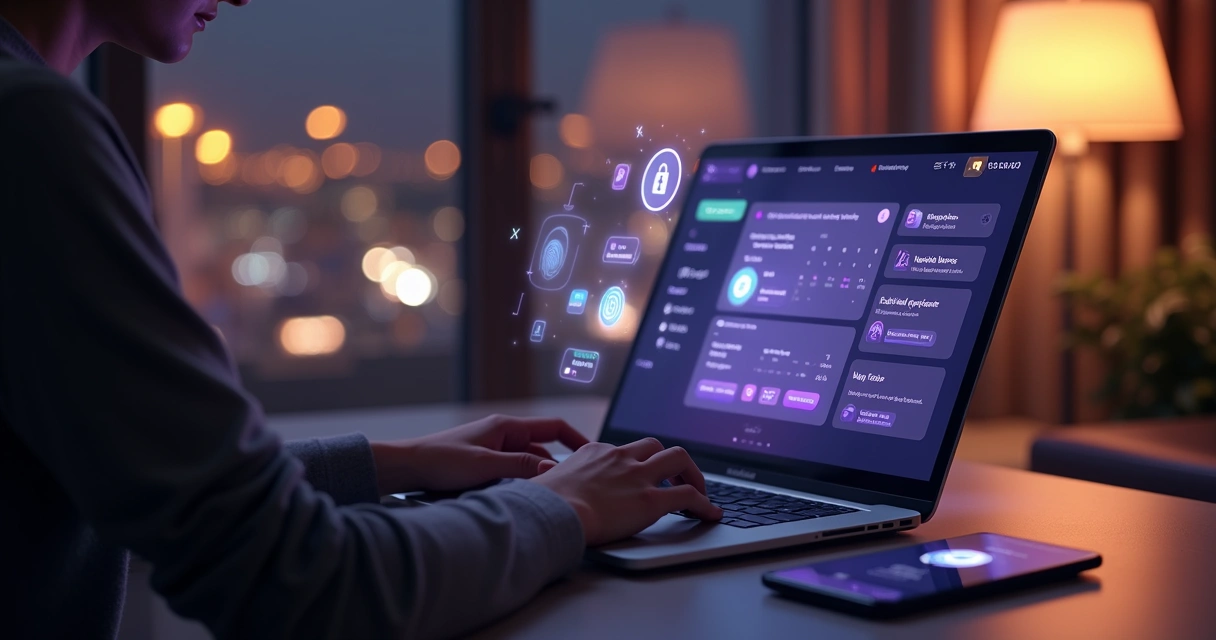 Profissional acessando plataforma de bem-estar adulto em laptop com ícones de segurança digital 
