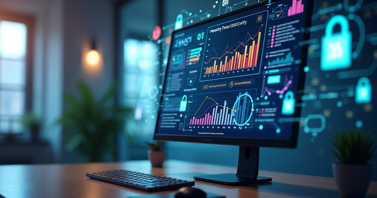 Tela de computador mostrando gráfico de segurança digital com ícones tecnológicos e checklist de medidas de proteção 
