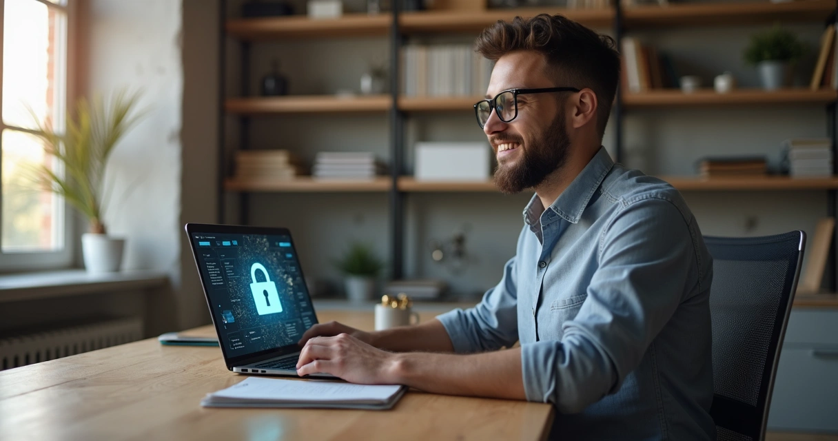 Pessoa mexendo em notebook sobre mesa com cadeado digital desenhado na tela 