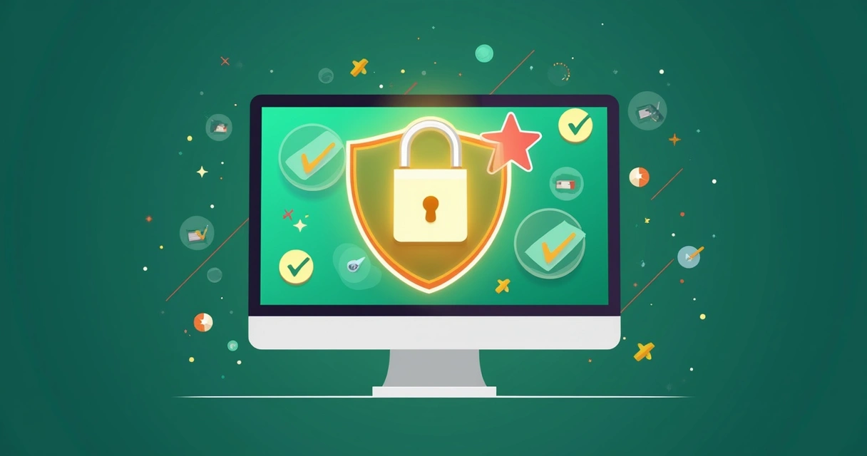 Ícones de cadeado e escudo digital em tela de computador 
