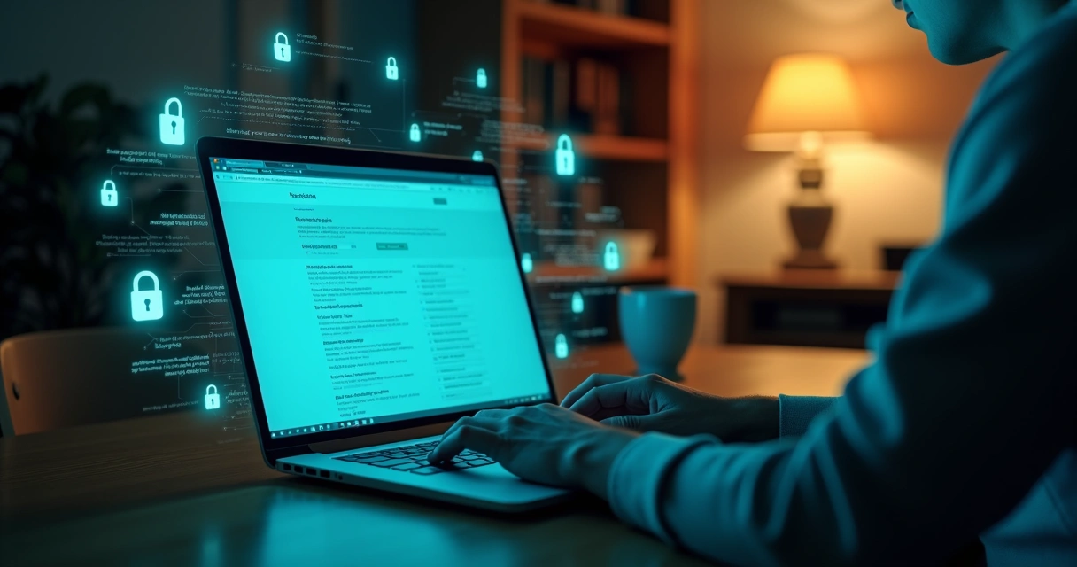 Pessoa usando notebook com ícones digitais de proteção de dados ao redor 