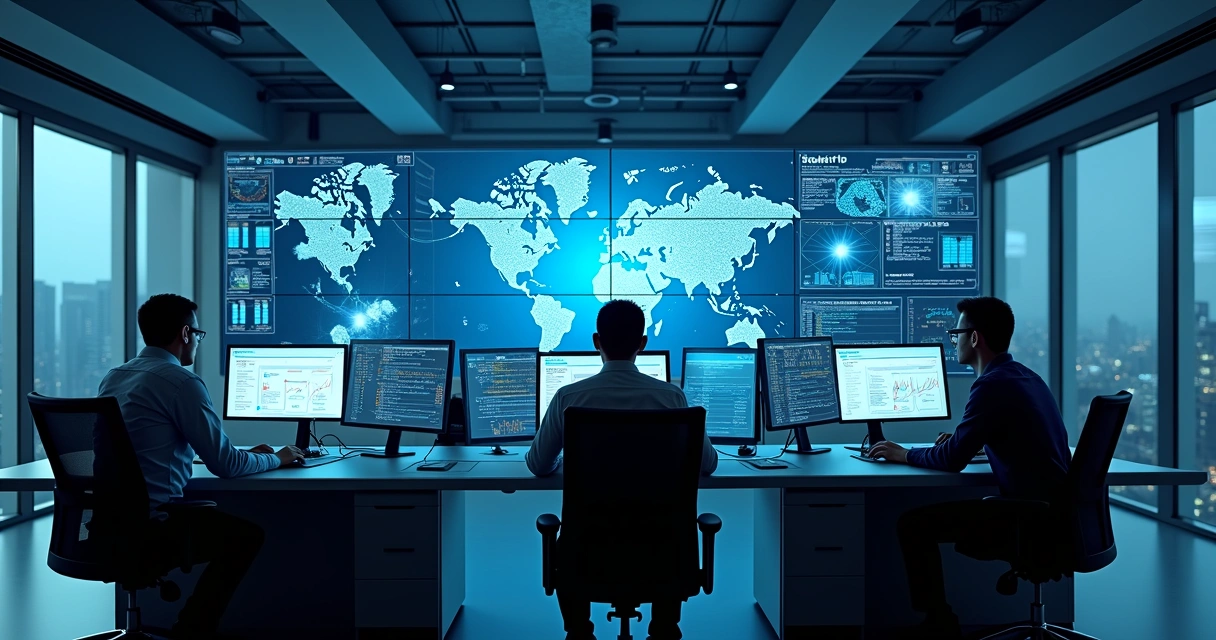 Equipe monitorando segurança digital em escritório moderno 