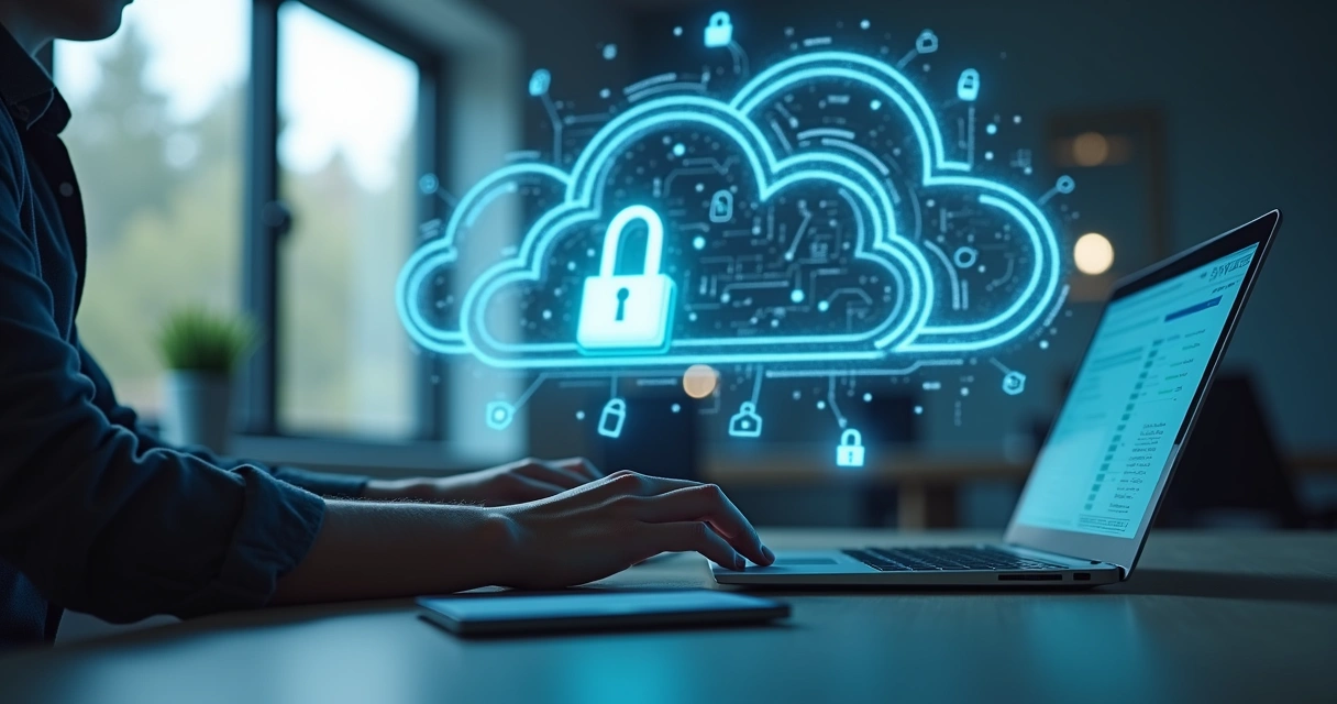 Pessoa no escritório usando notebook e smartphone, ambos protegidos por camadas de segurança virtual 