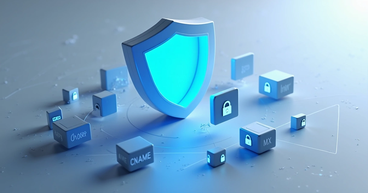 Representação 3D de escudo azul protegendo registros de DNS em quadros, luz de fundo suave