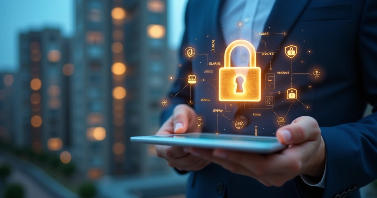 Pessoa segurando um cadeado digital sobre dados de condomínio 